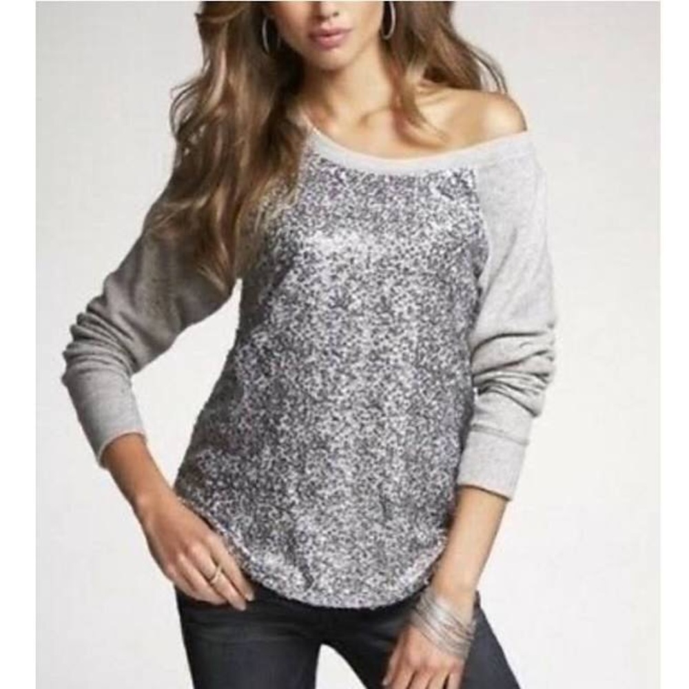 Express Gray Sequin Front Sweatshirt
